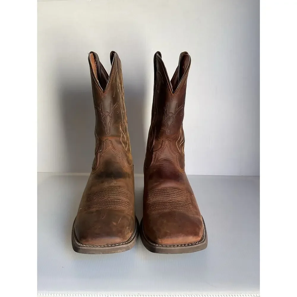 Ariat Men’s Western Cowboy Boots Brown Leather Deer Skull Square Toe Size 13D